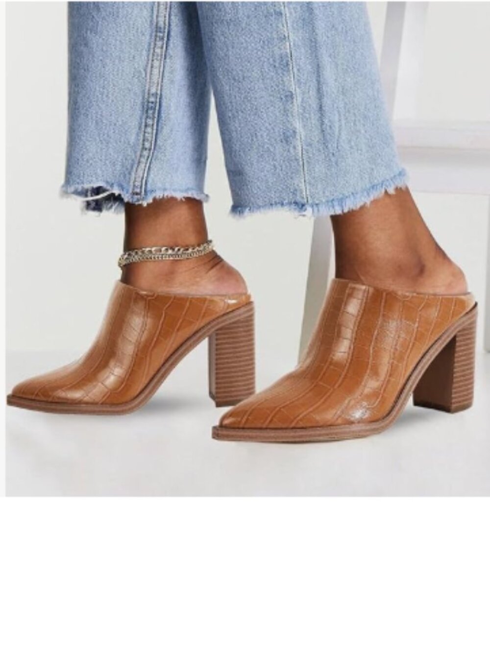 FOWT Crocodile Brown Pointed Toe Slip On Mules Stacked Block High Heel Sandal